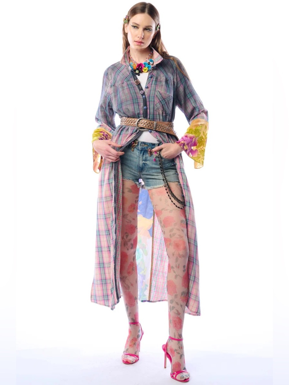 NWT Aratta Plaid and Floral Long Sleeve Duster with Pockets Sz Small